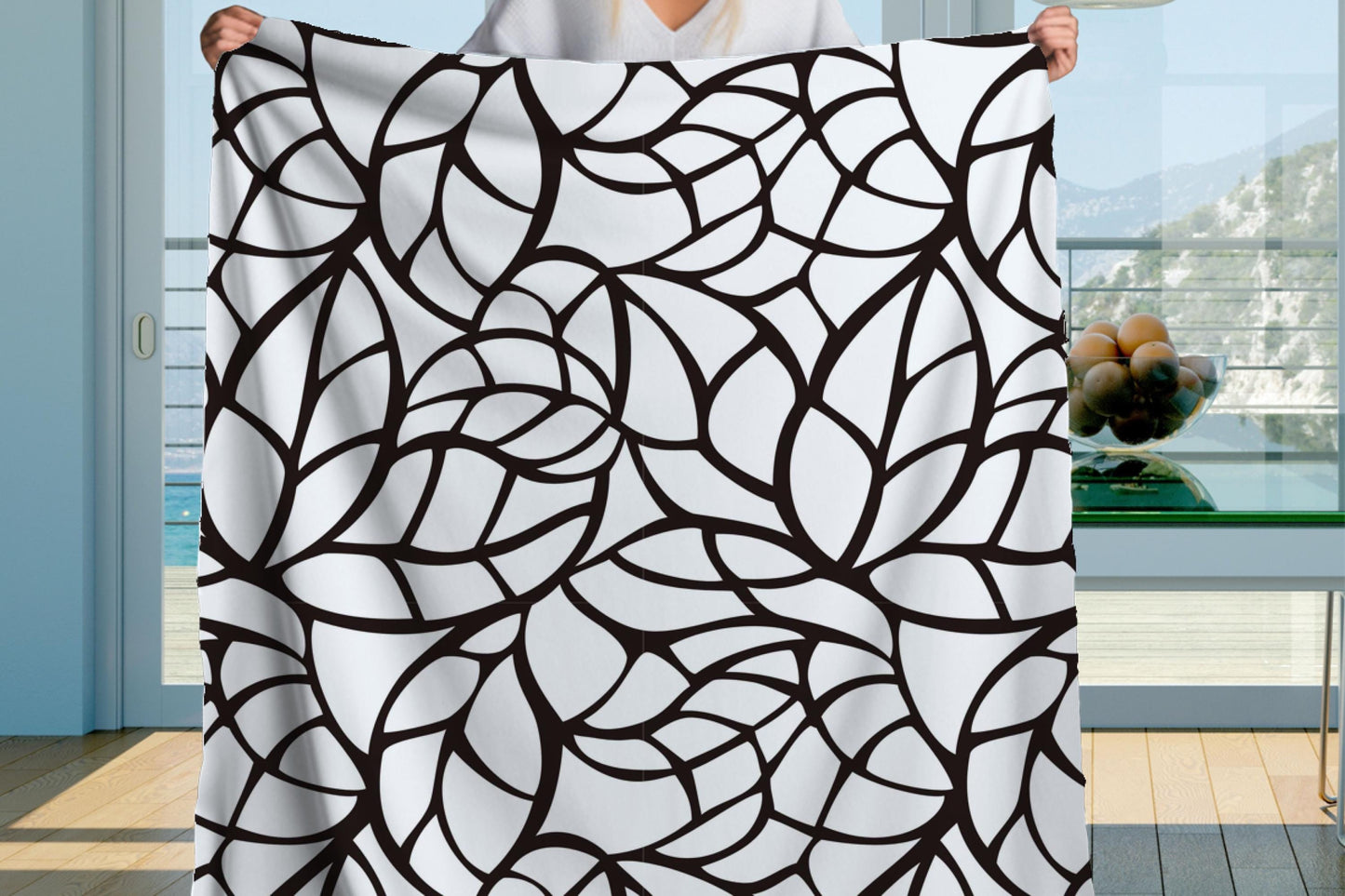 Black White Sherpa Throw Blanket Leaf Line Art Design