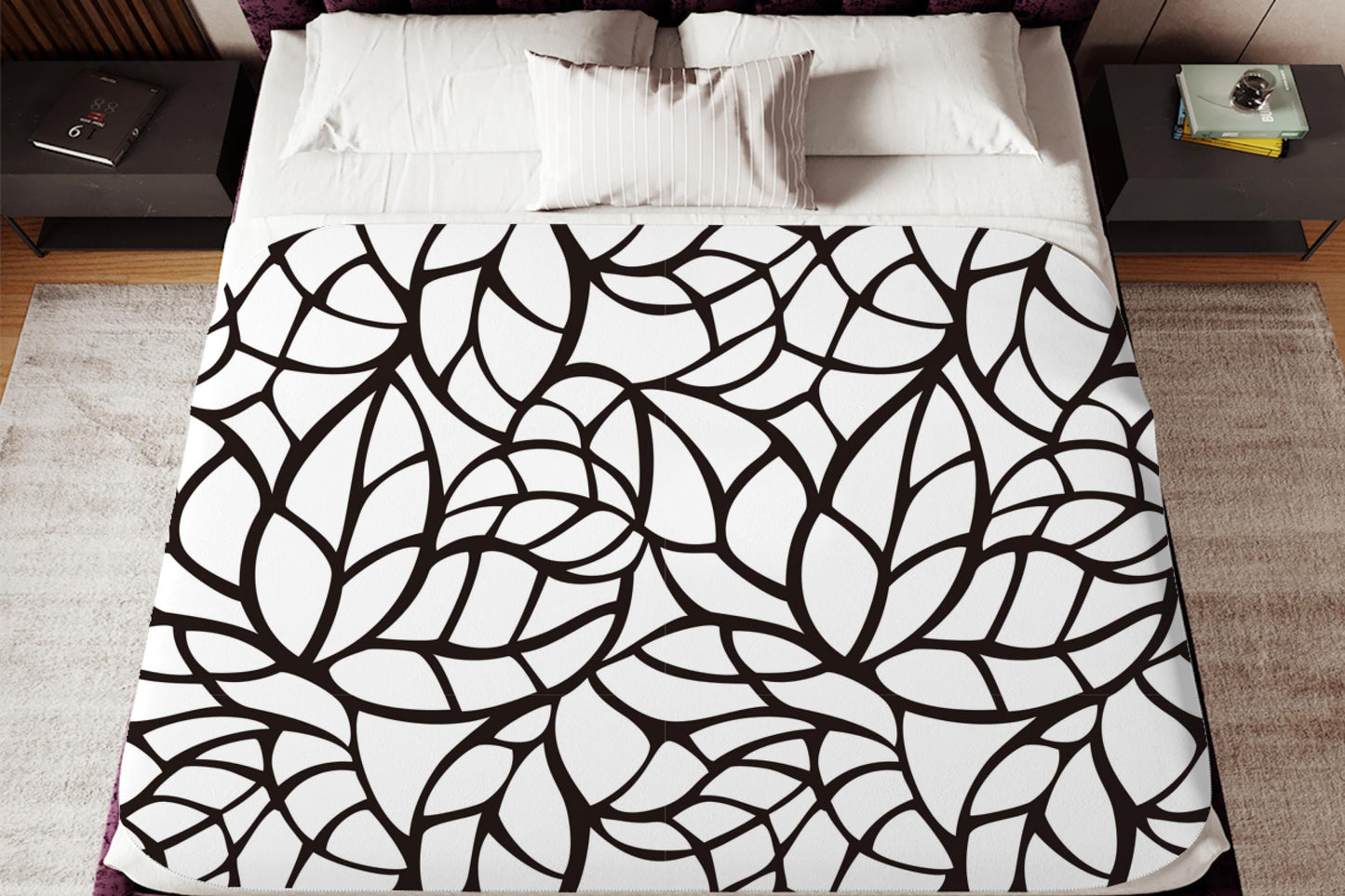 Black White Sherpa Throw Blanket Leaf Line Art Design