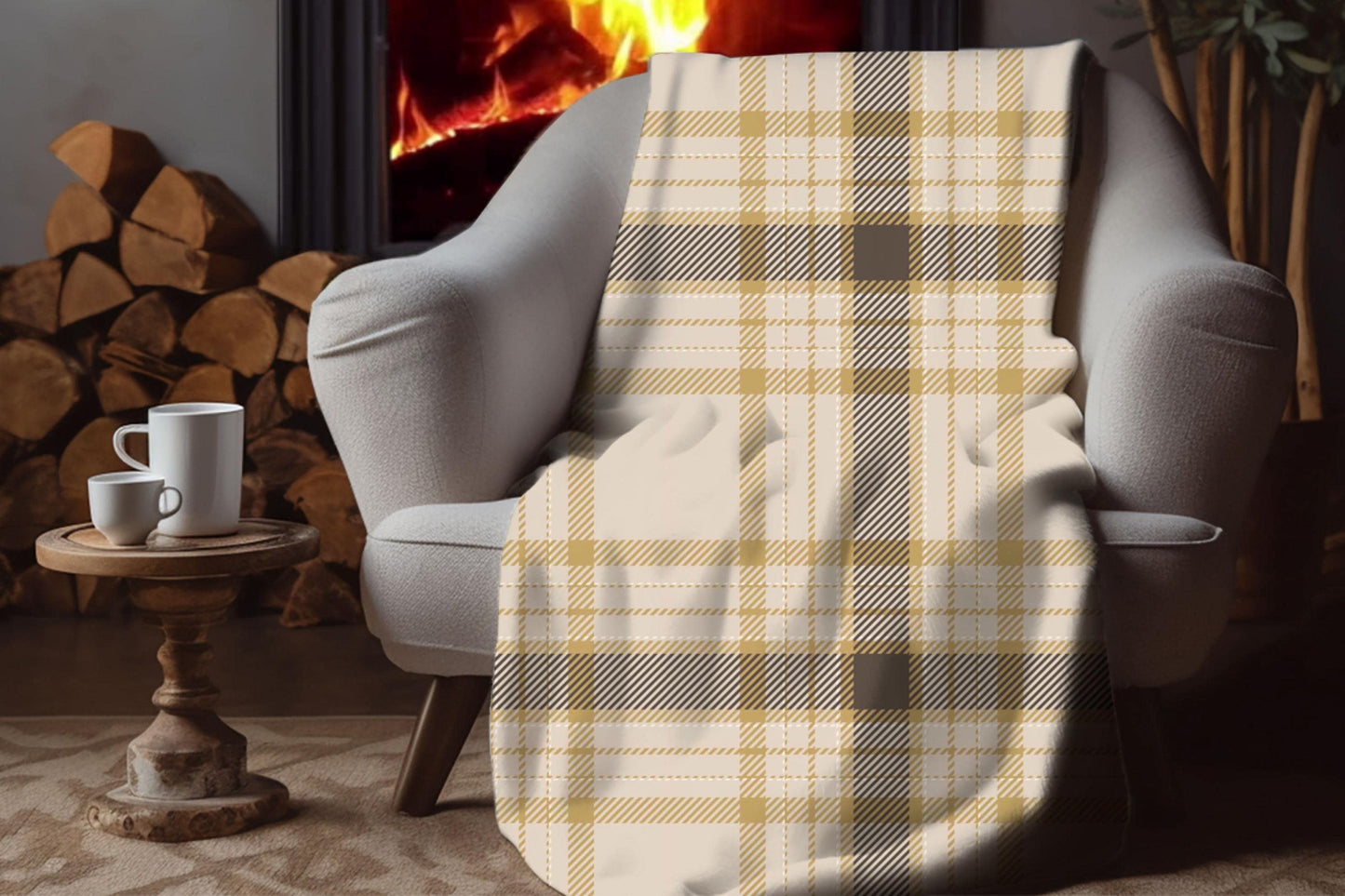 Beige Brown Sherpa Throw Blanket Classic Plaid Design