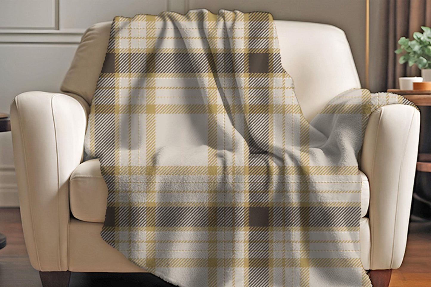 Beige Brown Sherpa Throw Blanket Classic Plaid Design