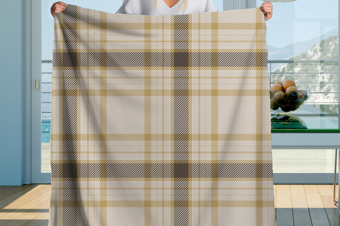 Beige Brown Sherpa Throw Blanket Classic Plaid Design