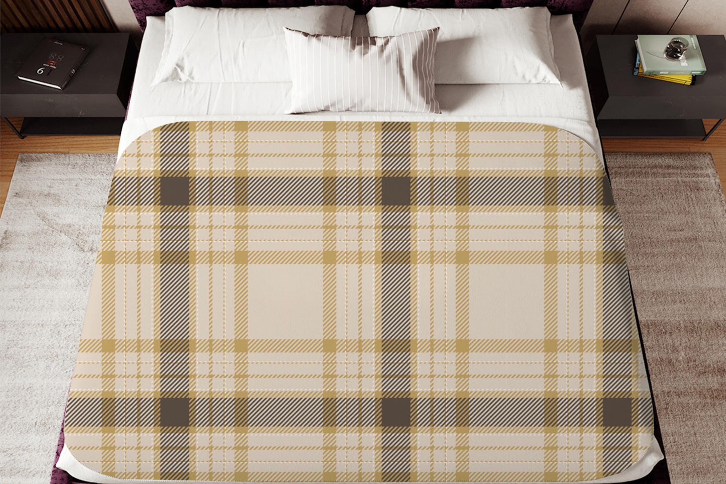 Beige Brown Sherpa Throw Blanket Classic Plaid Design