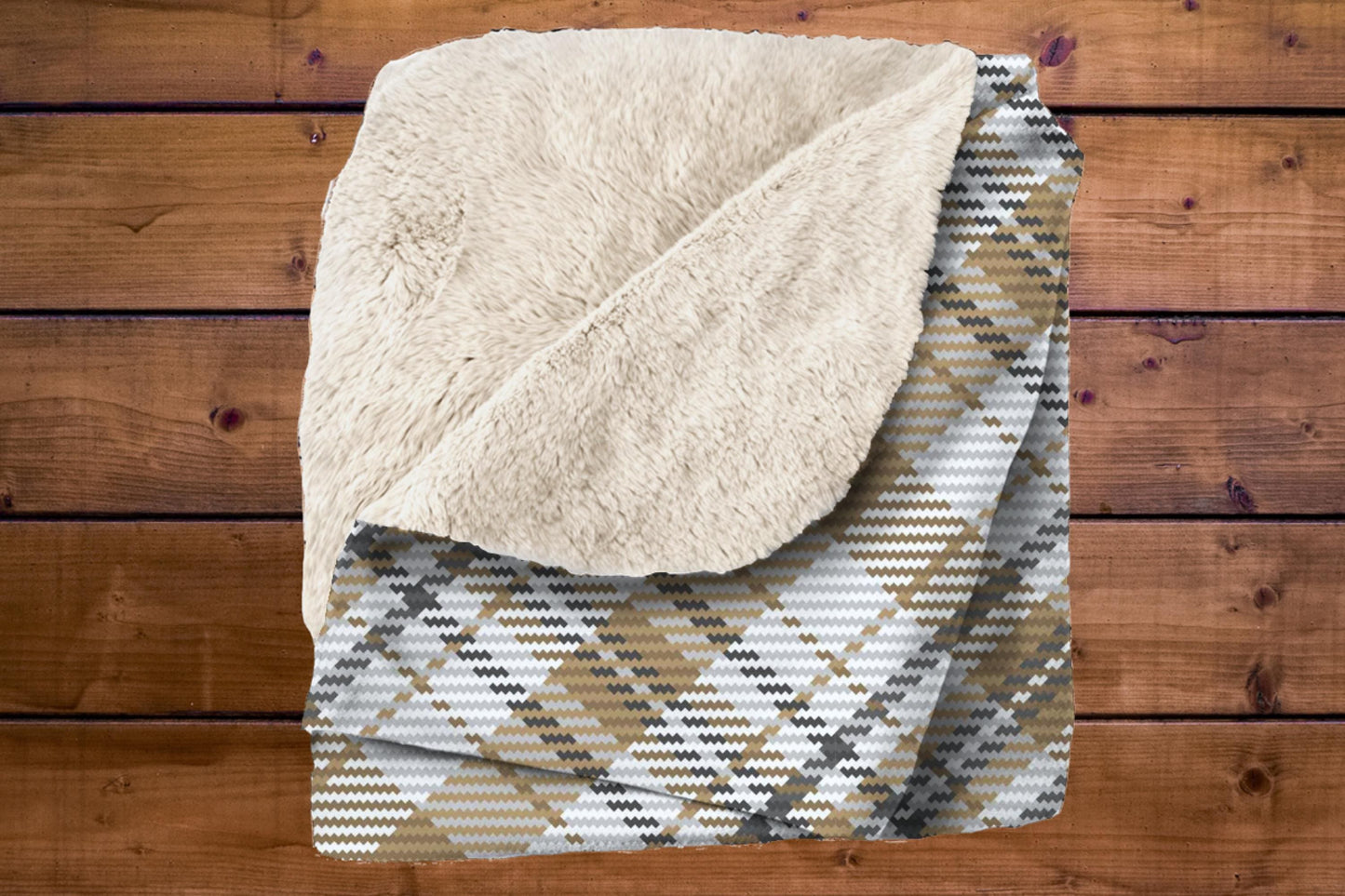Tan Plaid Sherpa Throw Blanket Neutral Woven Pattern