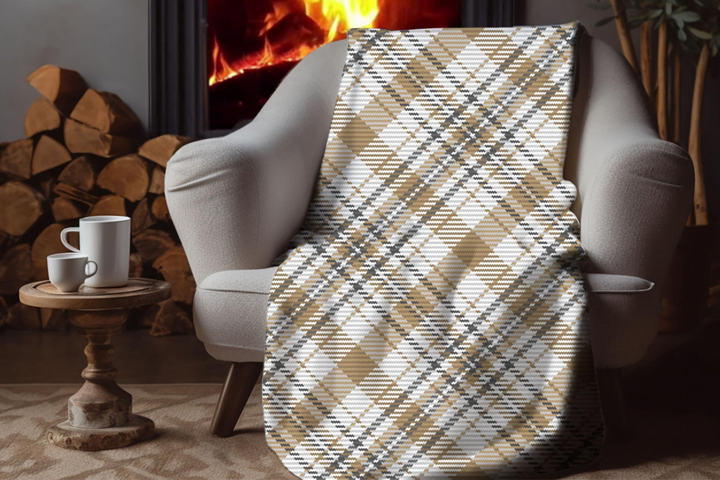 Tan Plaid Sherpa Throw Blanket Neutral Woven Pattern