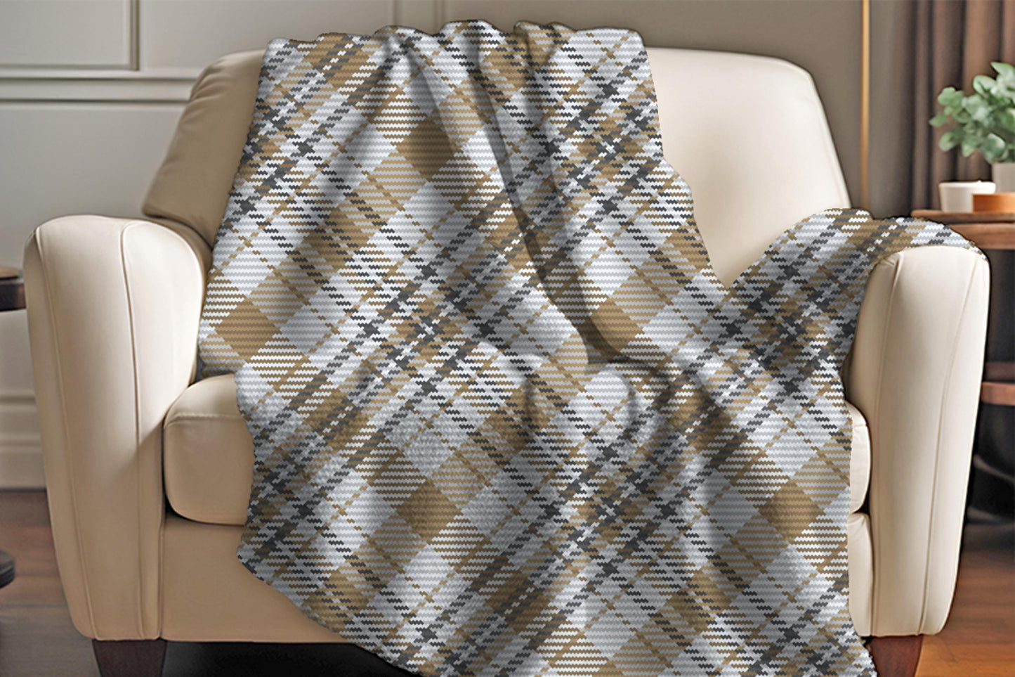 Tan Plaid Sherpa Throw Blanket Neutral Woven Pattern