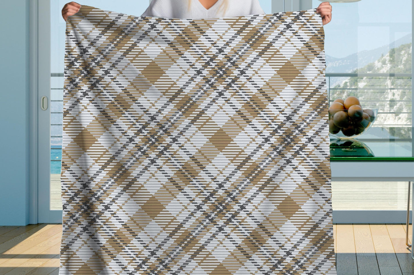 Tan Plaid Sherpa Throw Blanket Neutral Woven Pattern