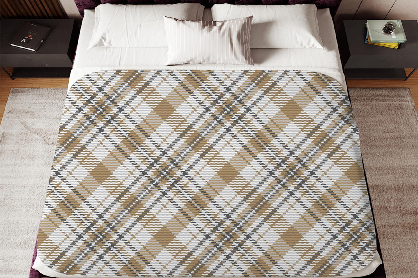 Tan Plaid Sherpa Throw Blanket Neutral Woven Pattern