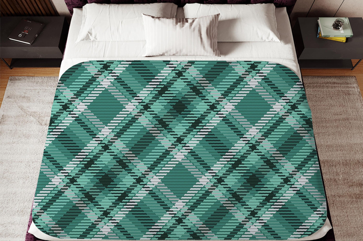 Green Plaid Sherpa Throw Blanket Cozy Woven Pattern