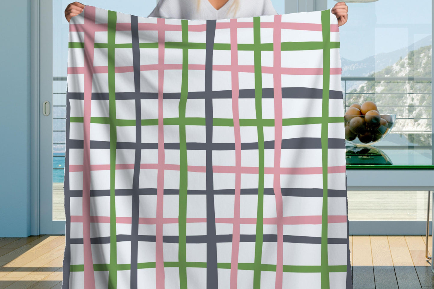 Pastel Grid Sherpa Throw Blanket Modern Crisscross Design
