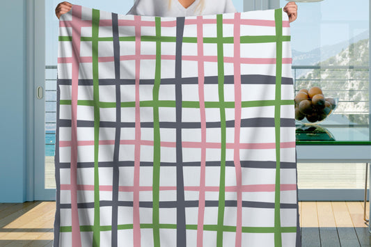 Pastel Grid Sherpa Throw Blanket Modern Crisscross Design