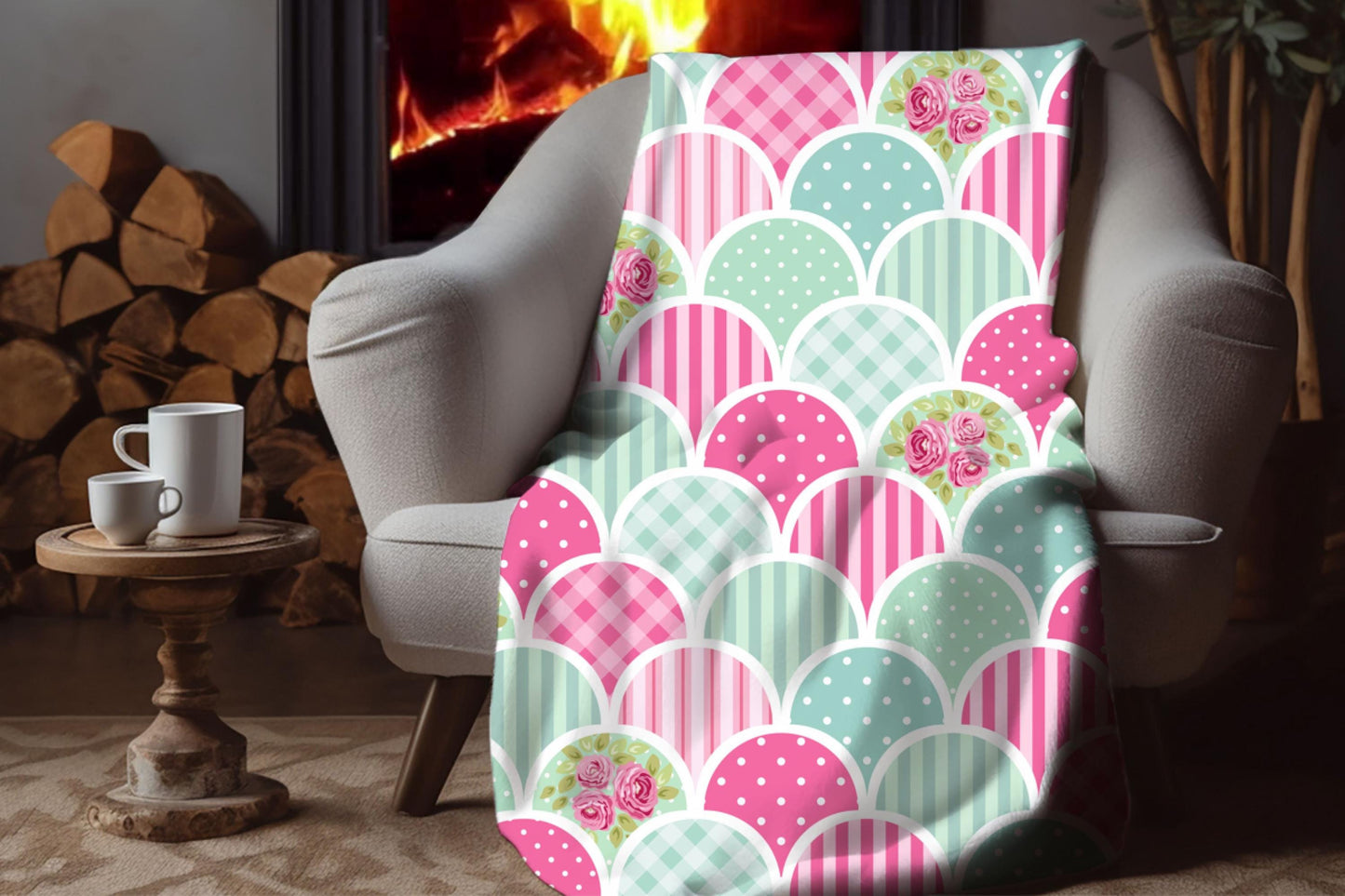 Pink Aqua Sherpa Throw Blanket Scallop Pattern Design