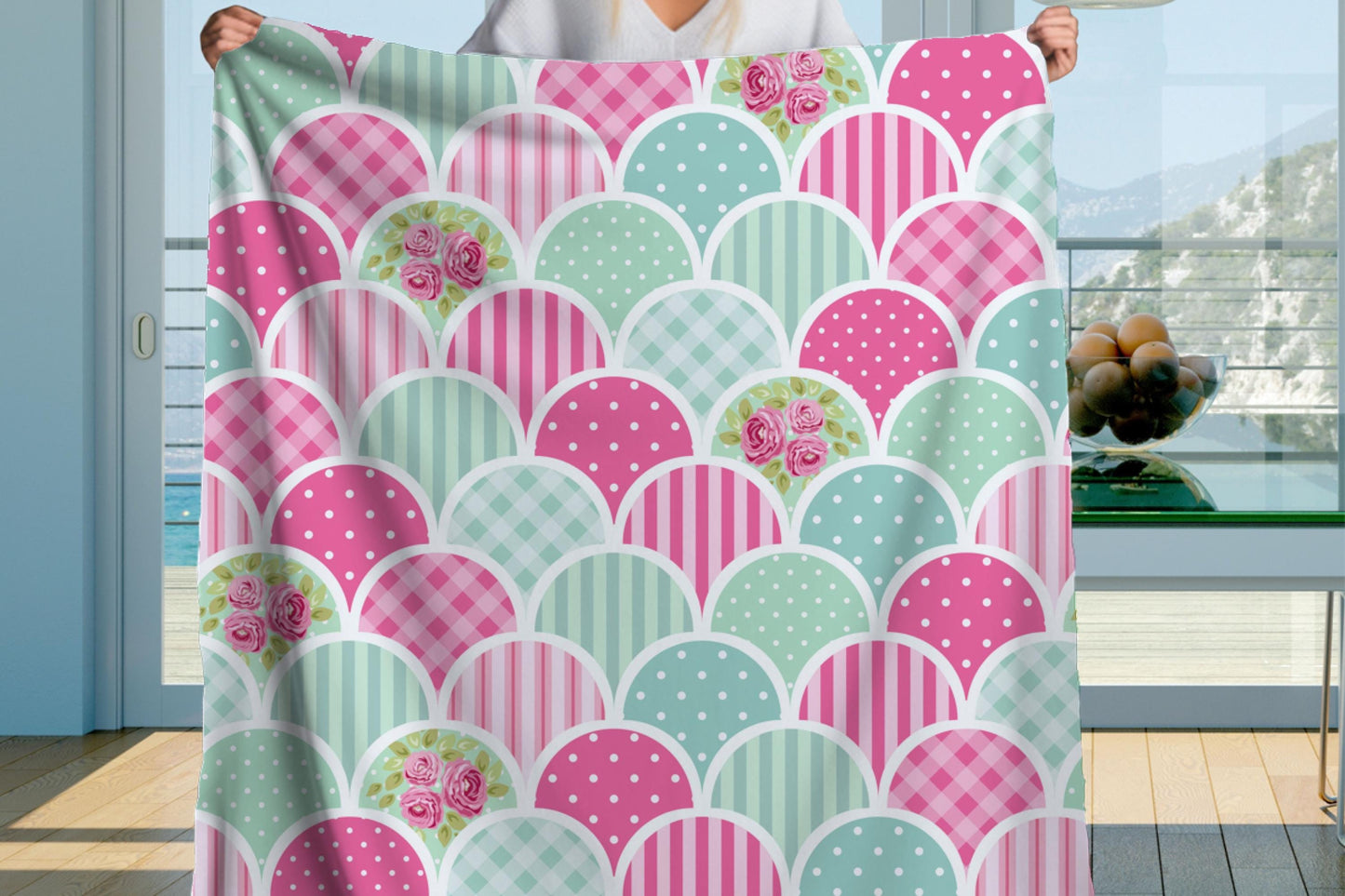 Pink Aqua Sherpa Throw Blanket Scallop Pattern Design