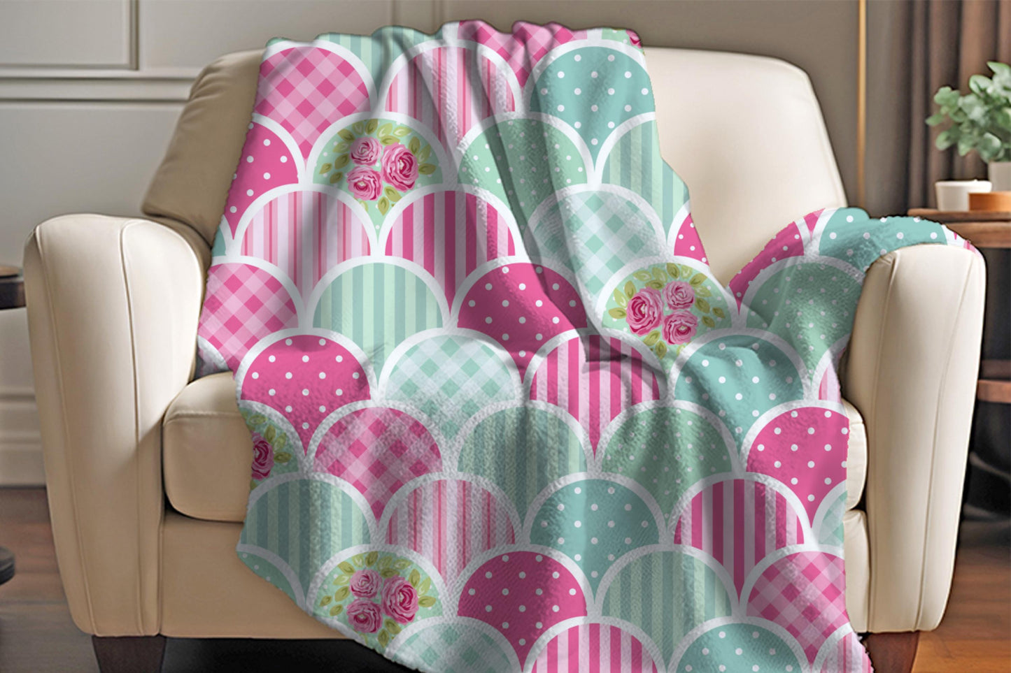Pink Aqua Sherpa Throw Blanket Scallop Pattern Design