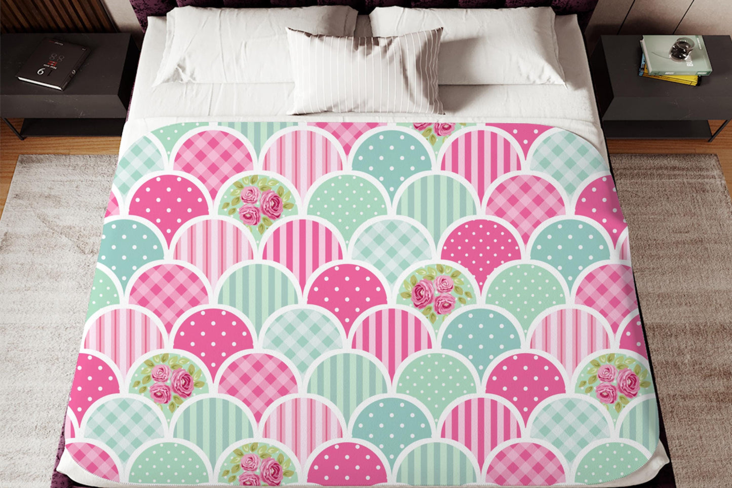 Pink Aqua Sherpa Throw Blanket Scallop Pattern Design