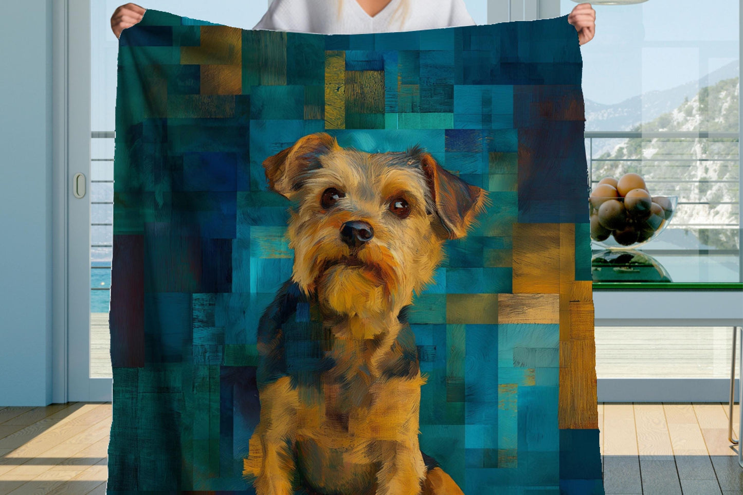 Yorkie Portrait Sherpa Throw Blanket Artistic Teal Pet Design of a Yorkshire Terrier
