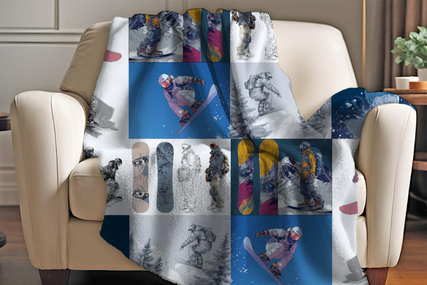 Snowboarder Winter Sherpa Throw Blanket Ski Mountain Design