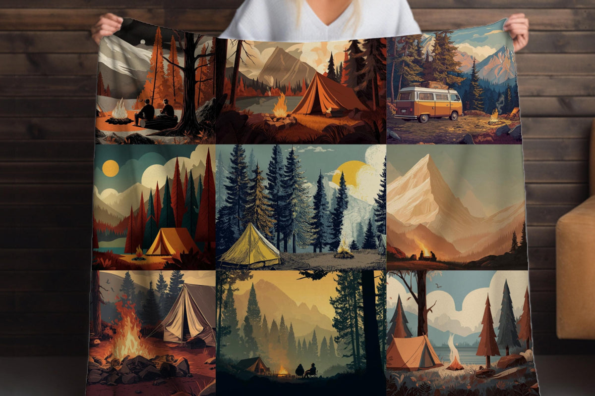Camping Forest Sherpa Throw Blanket Mountain Campfire Design