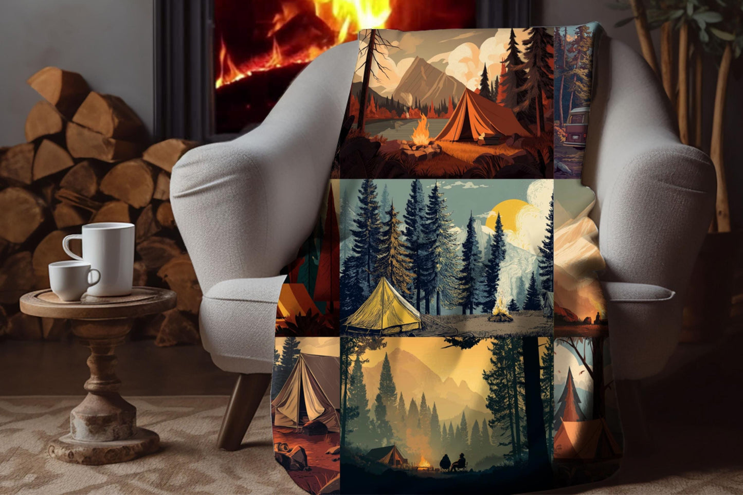 Camping Forest Sherpa Throw Blanket Mountain Campfire Design