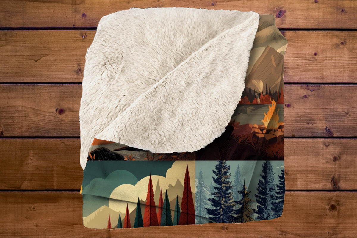 Camping Forest Sherpa Throw Blanket Mountain Campfire Design