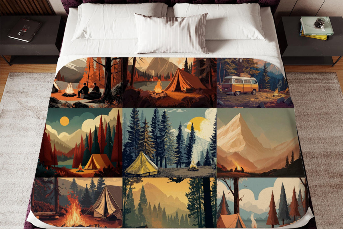 Camping Forest Sherpa Throw Blanket Mountain Campfire Design