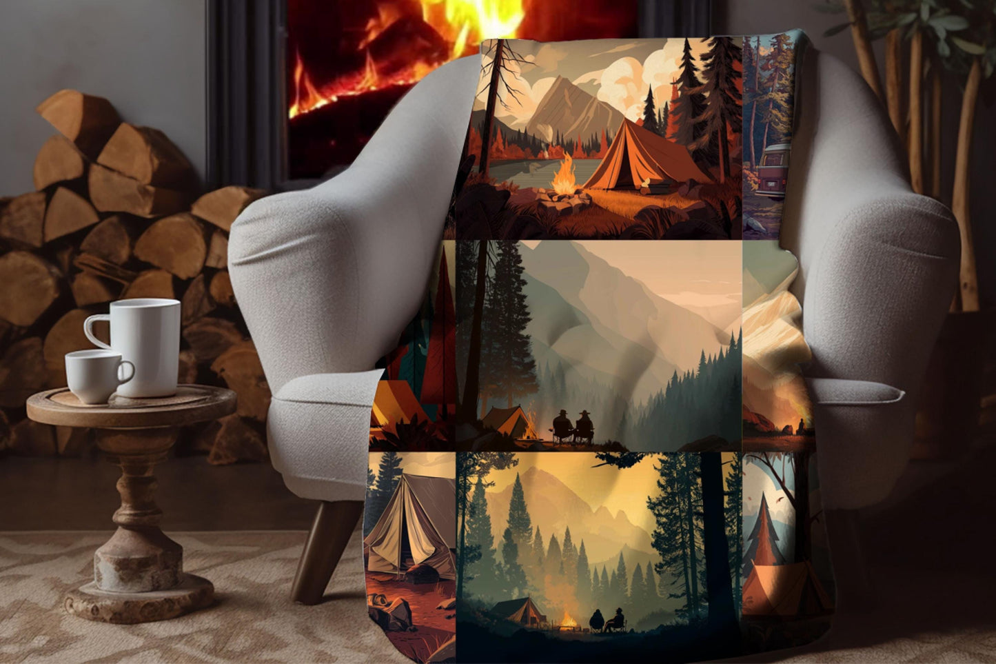 Camping Forest Sherpa Throw Blanket Mountain Campfire Design
