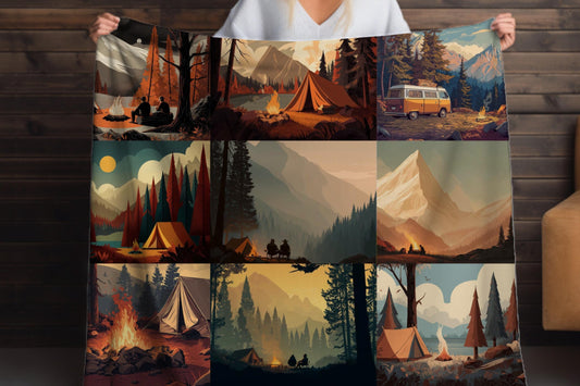 Camping Forest Sherpa Throw Blanket Mountain Campfire Design