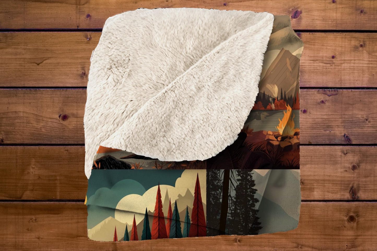 Camping Forest Sherpa Throw Blanket Mountain Campfire Design
