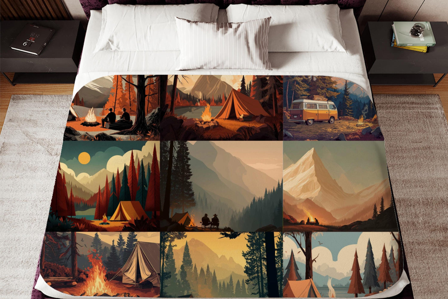 Camping Forest Sherpa Throw Blanket Mountain Campfire Design