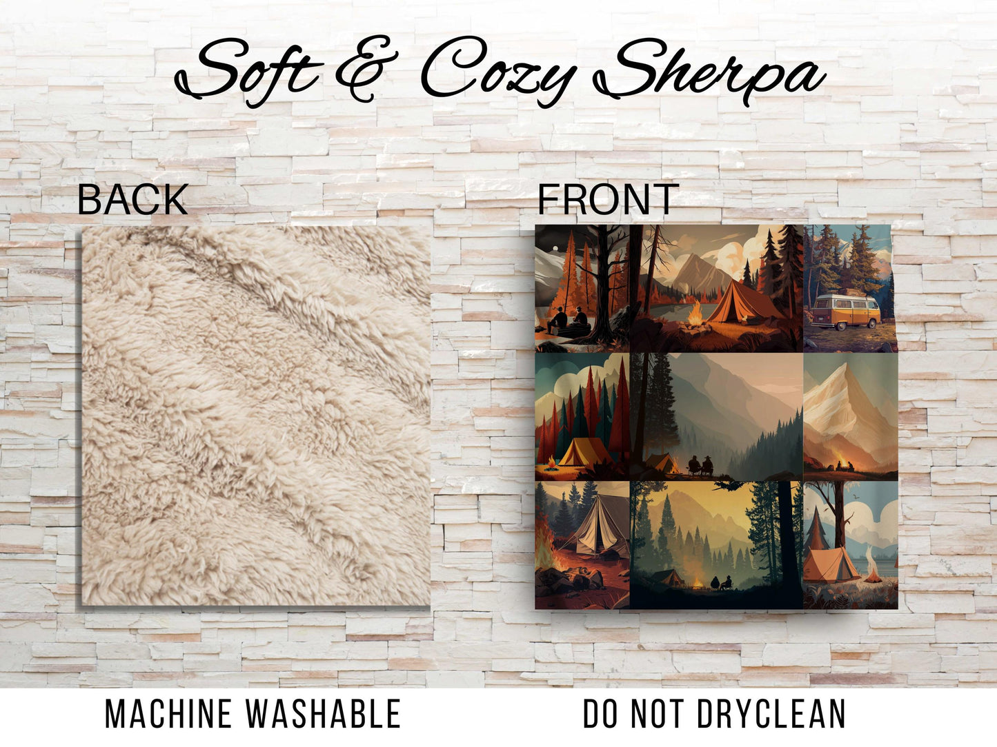 Camping Forest Sherpa Throw Blanket Mountain Campfire Design