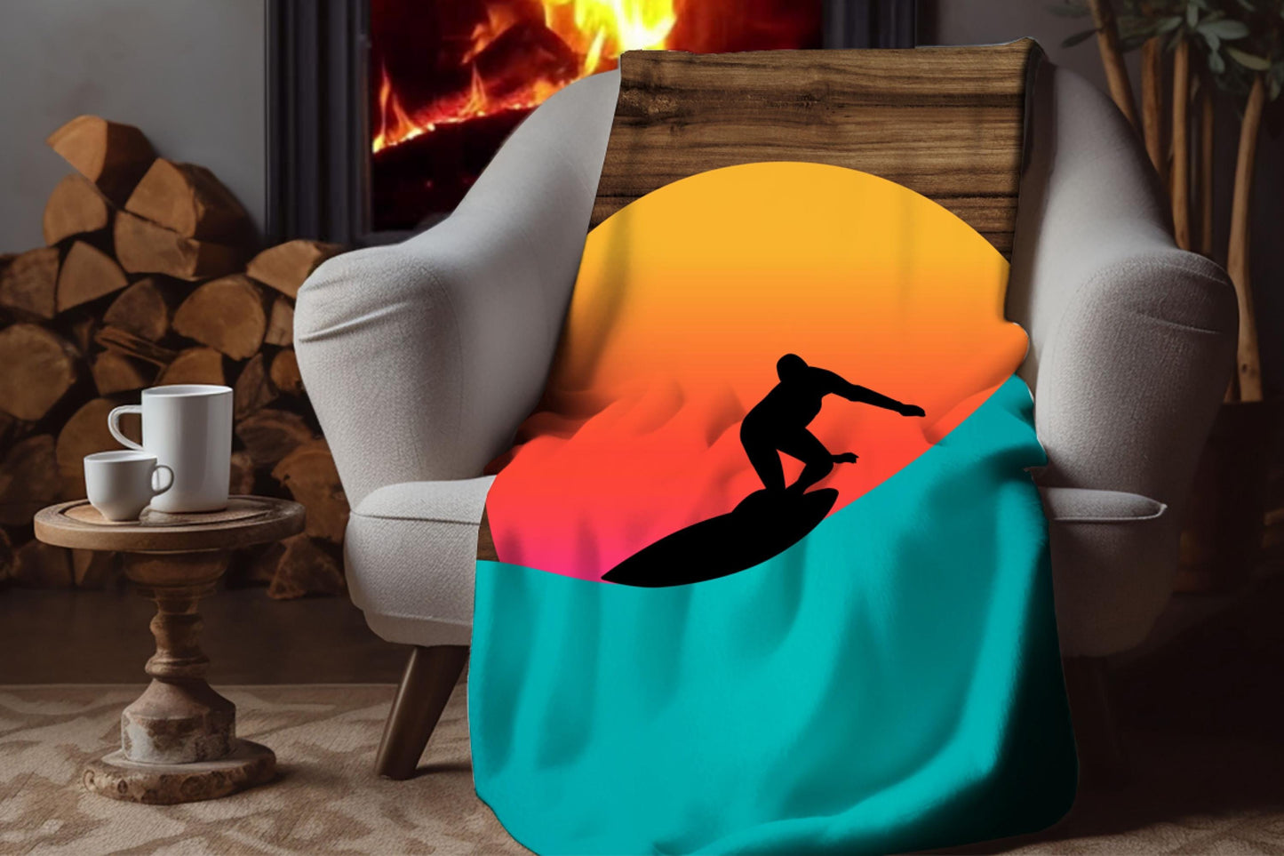 Surfer Sunset Sherpa Throw Blanket Ocean Wave Design