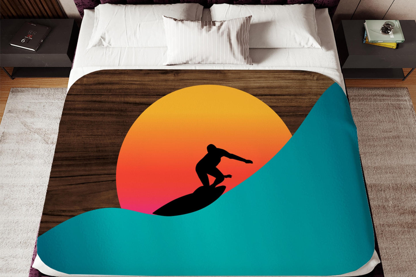 Surfer Sunset Sherpa Throw Blanket Ocean Wave Design