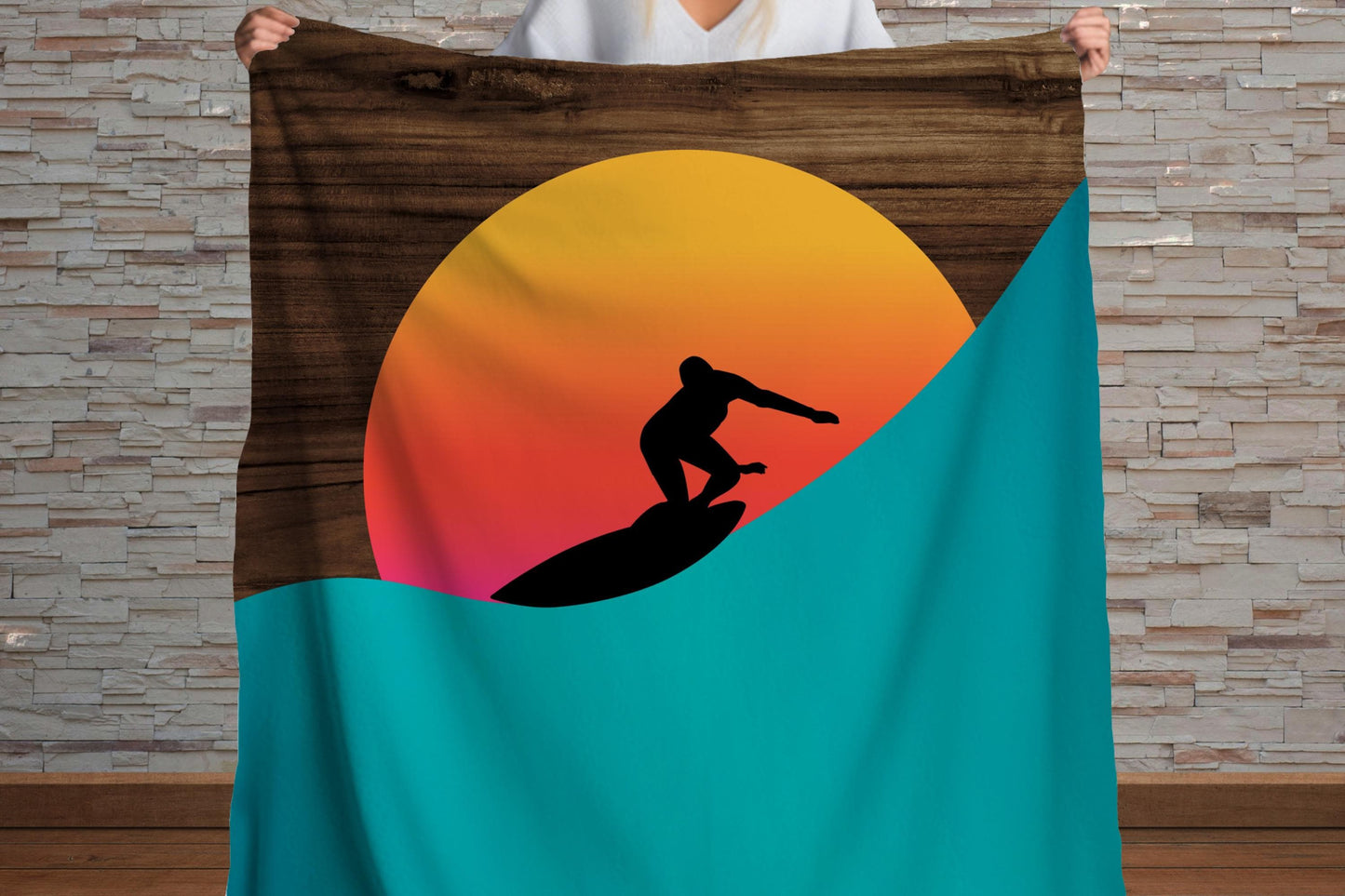 Surfer Sunset Sherpa Throw Blanket Ocean Wave Design