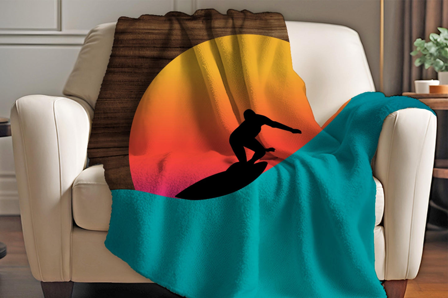 Surfer Sunset Sherpa Throw Blanket Ocean Wave Design