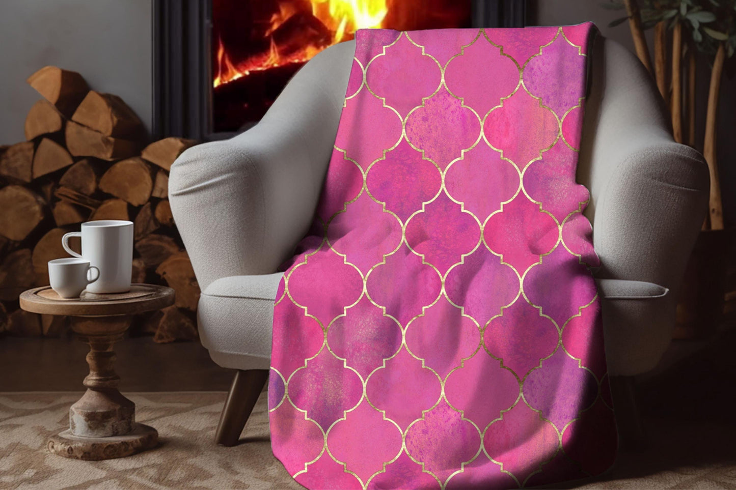 Pink Gold Sherpa Throw Blanket Moroccan Pattern Design