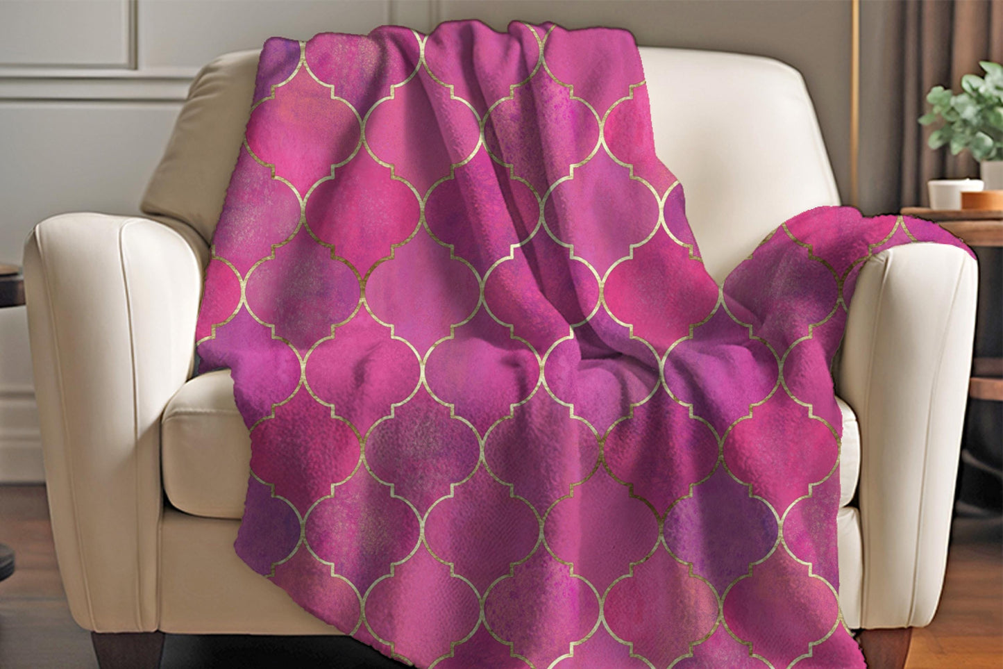 Pink Gold Sherpa Throw Blanket Moroccan Pattern Design