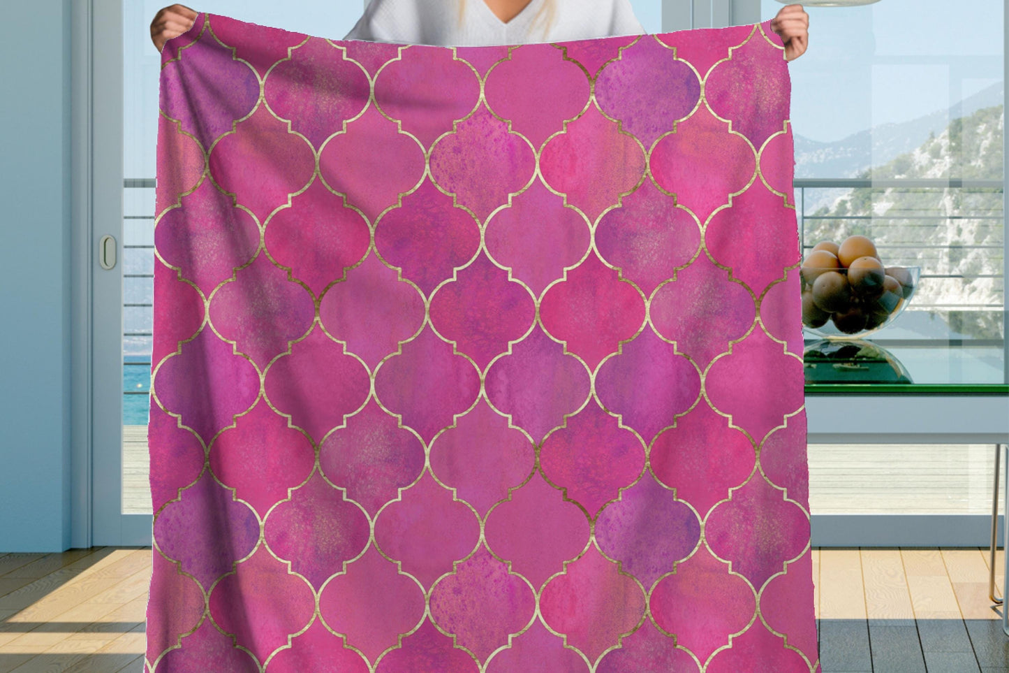 Pink Gold Sherpa Throw Blanket Moroccan Pattern Design