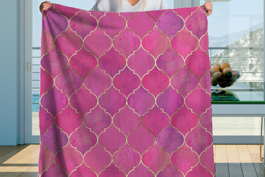 Pink Gold Sherpa Throw Blanket Moroccan Pattern Design