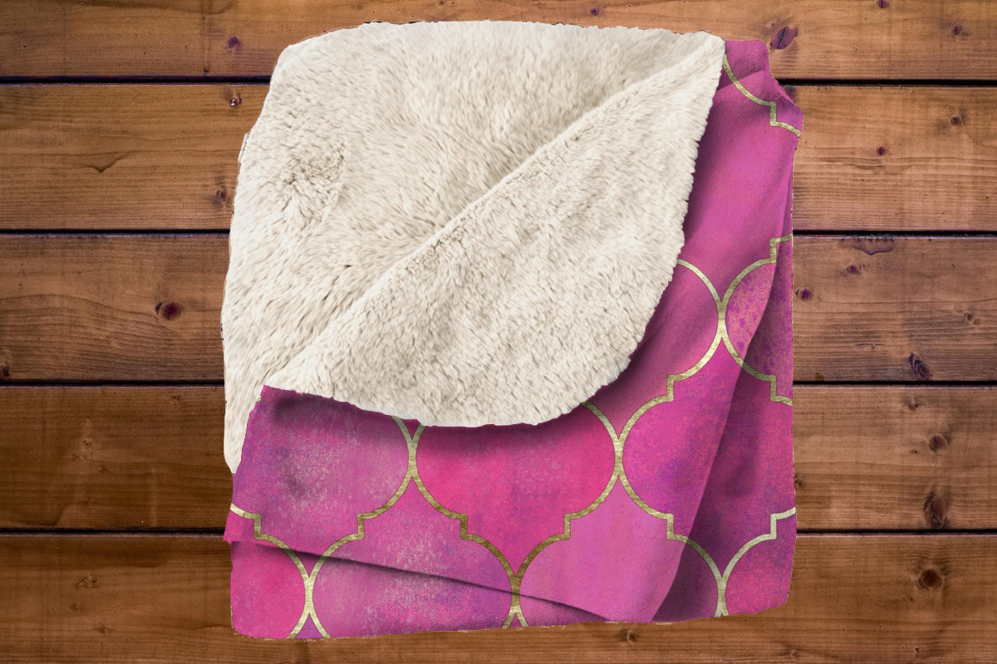 Pink Gold Sherpa Throw Blanket Moroccan Pattern Design