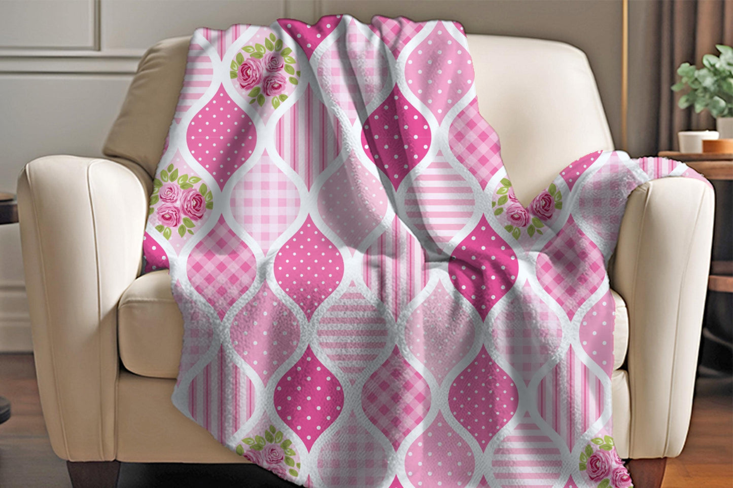 Pink Floral Sherpa Throw Blanket Patterned Rose Design