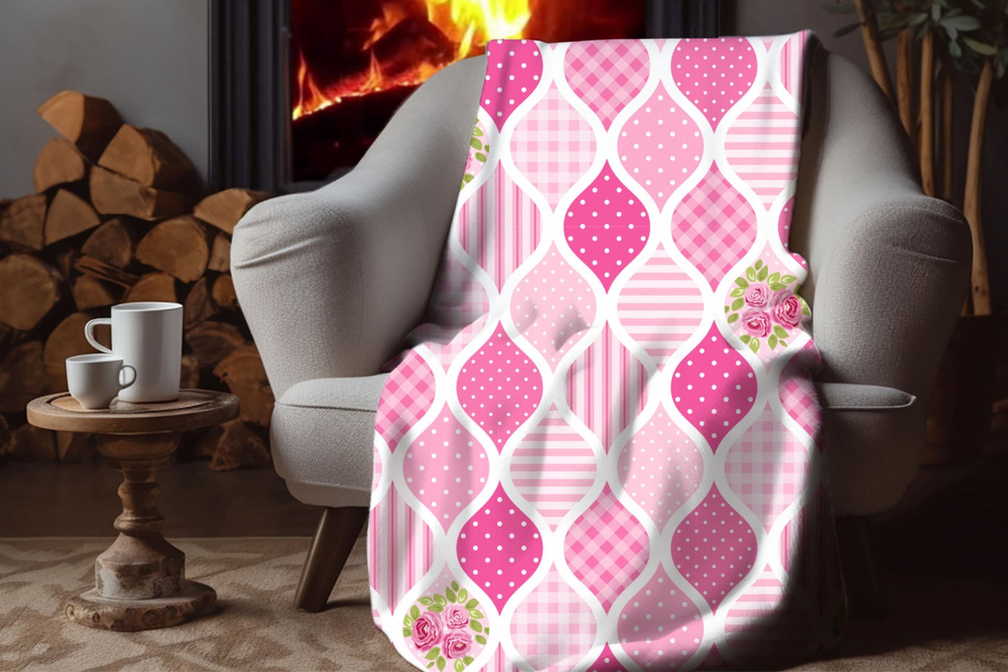 Pink Floral Sherpa Throw Blanket Patterned Rose Design