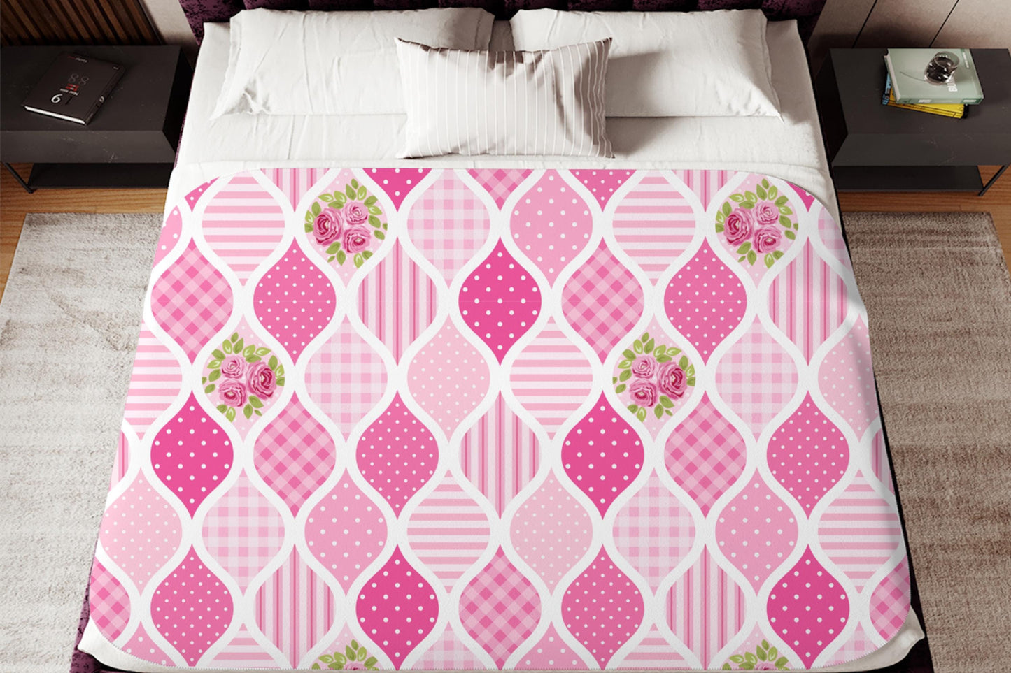 Pink Floral Sherpa Throw Blanket Patterned Rose Design