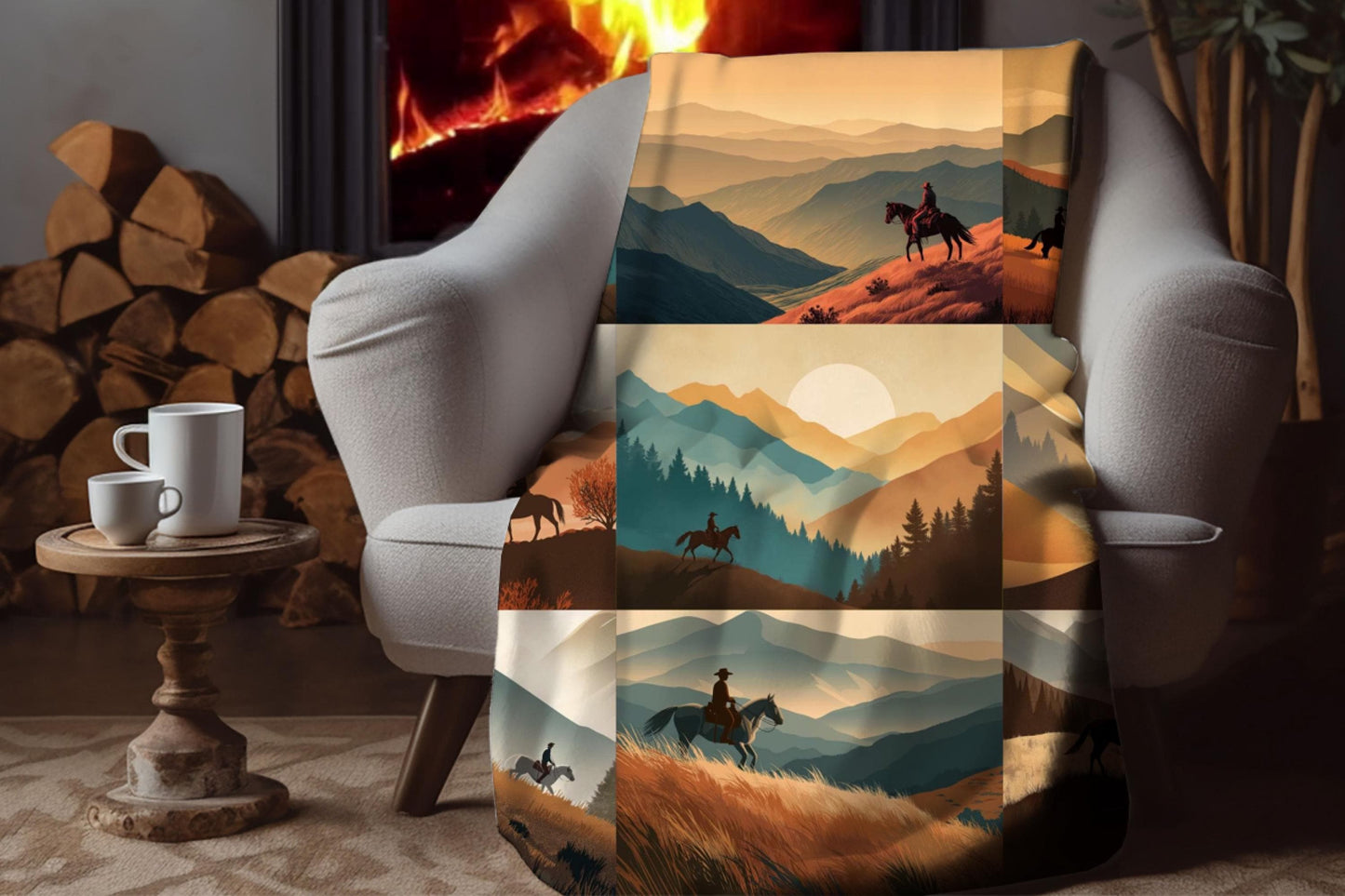Cowboy Mountain Sherpa Throw Blanket Western Horseback Design
