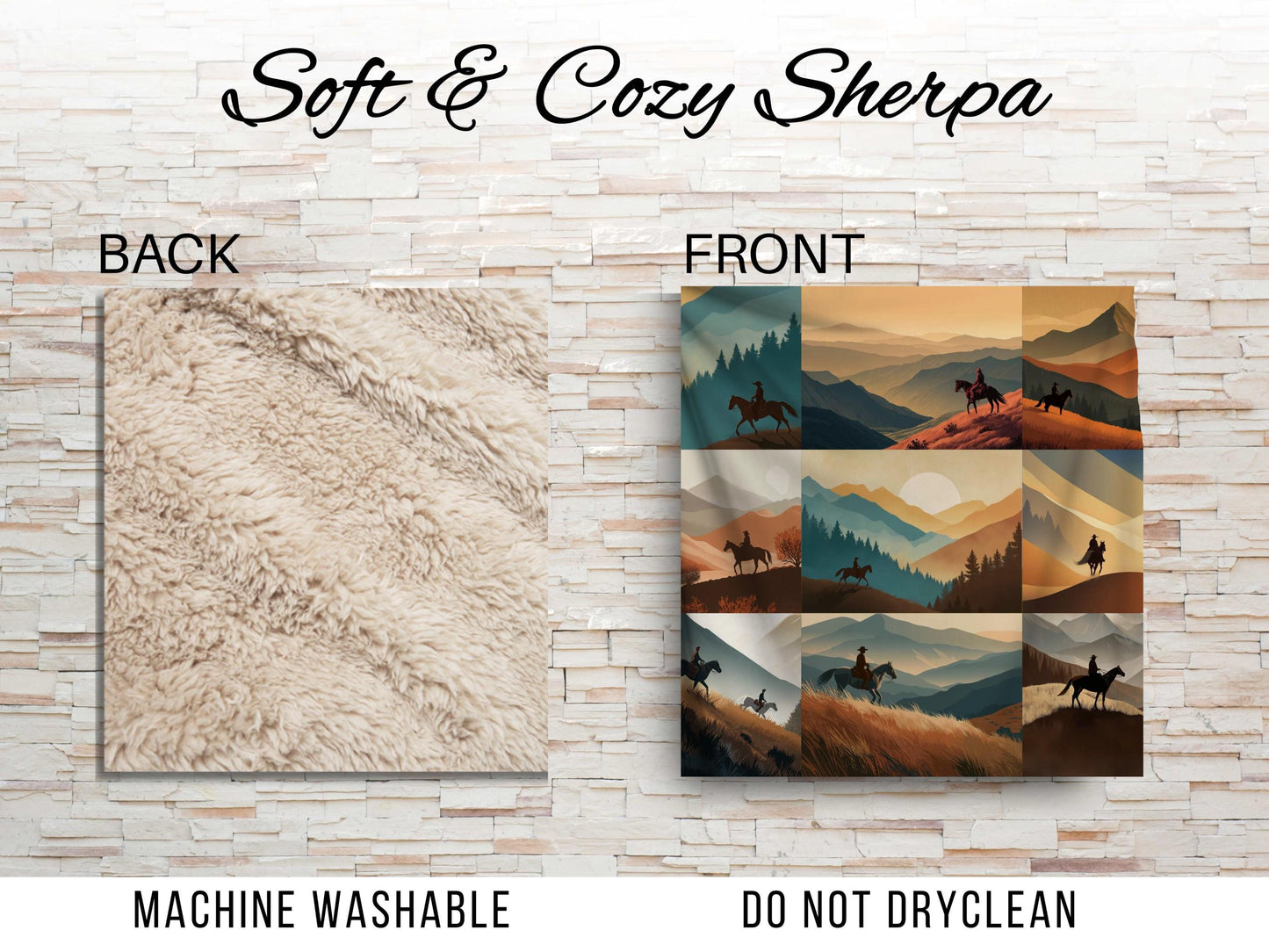 Cowboy Mountain Sherpa Throw Blanket Western Horseback Design