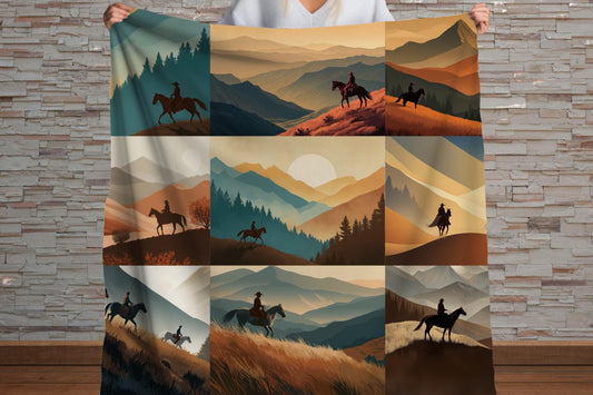 Cowboy Mountain Sherpa Throw Blanket Western Horseback Design