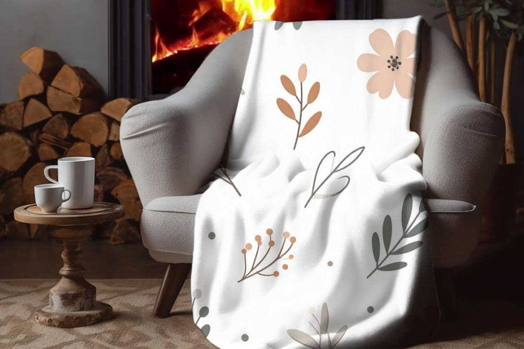 Neutral Botanical Floral Sherpa Throw Blanket Modern Minimalist Design