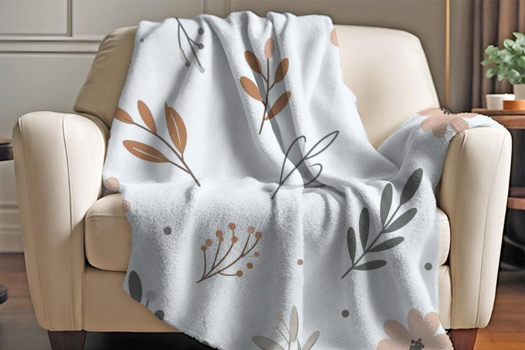 Neutral Botanical Floral Sherpa Throw Blanket Modern Minimalist Design