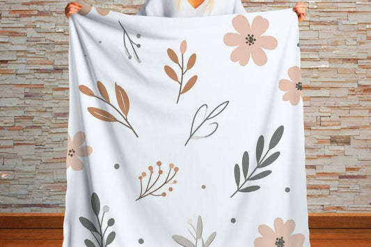 Neutral Botanical Floral Sherpa Throw Blanket Modern Minimalist Design