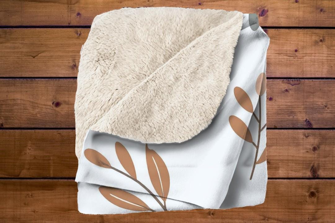 Neutral Botanical Floral Sherpa Throw Blanket Modern Minimalist Design