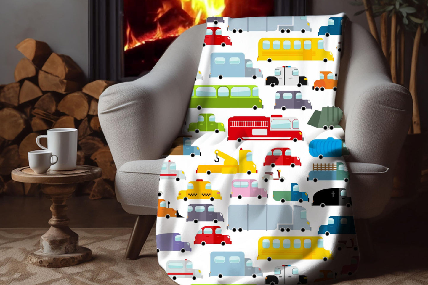 Colorful Vehicle Pattern Sherpa Throw Blanket Kids Transportation Design