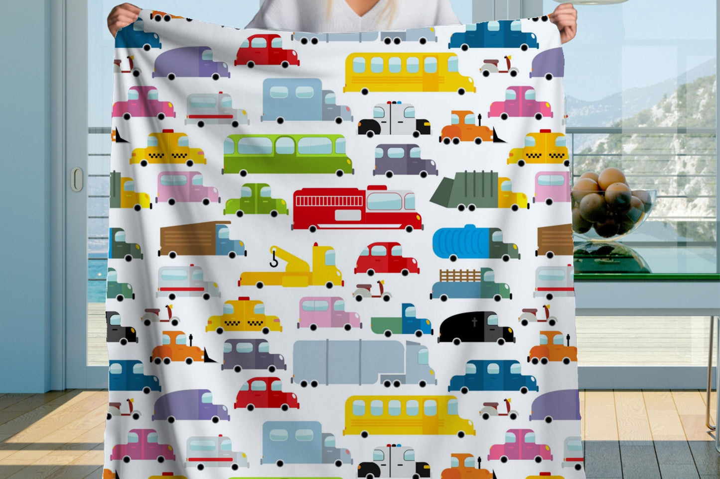 Colorful Vehicle Pattern Sherpa Throw Blanket Kids Transportation Design